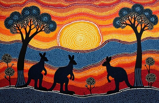 Aboriginal dot art shows kangaroos in colorful landscape with big sun. Two trees stand tall on side. Wavy patterns of dots create hills, water. Traditional painting vibrant, cultural, Australian
