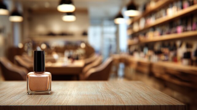 Glossy Table in a Nail Polish Salon With a Focus on Vibrant Nail Polish Bottles During a Busy Afternoon