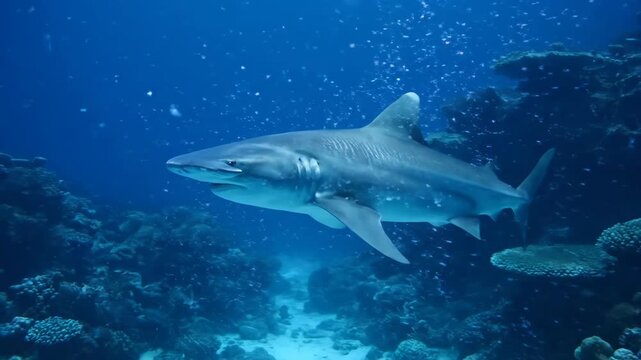 Shark swimming in deep blue ocean with coral reef and tiny fishes