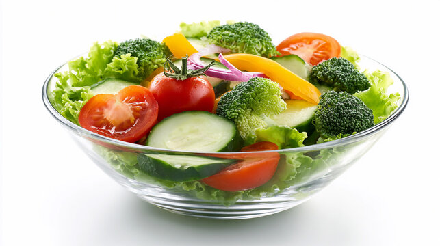 Colorful fresh salad with vegetables in glass bowl on white background