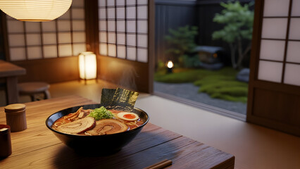 Steaming bowl of miso ramen on a low table in a Japanese tatami room with open sliding doors at twilight.