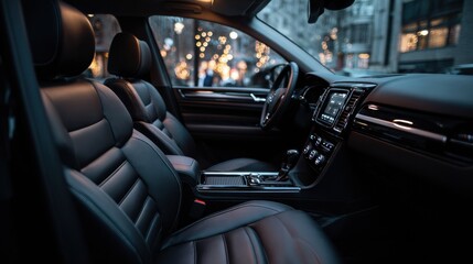 Elegant Automotive Accessories Showcased Against a Blurred Car Interior With a Clean Black Desk in a Modern Setting