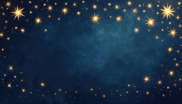 Golden starbursts frame a deep blue nebula. Celestial pattern features twinkling lights and small dots. Cosmic background for design, invitations, or festive celebrations. - Powered by Adobe
