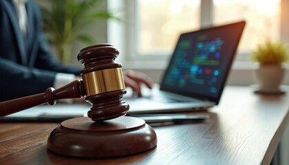 Fototapeta na wymiar Judge gavel on table in lawyer office. Law and digital legal advice icons on laptop screen. Concept of digital online justice and legal regulations.