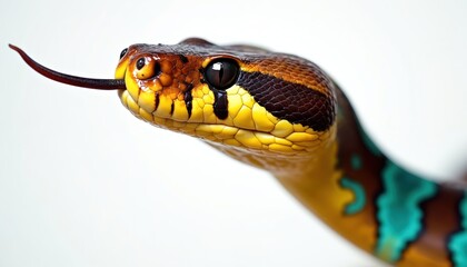 Fototapeta premium Close-up of snake head with yellow and brown scales. Snake has black eyes and long tongue out. Reptile has green and brown body. Animal looks to side on white background.