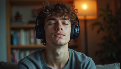Young calm man with closed eyes listens to music in headphones. Meditates at home enjoying audio podcast for relaxation. Peaceful guy rests with sound therapy in cozy room enjoying quiet evening