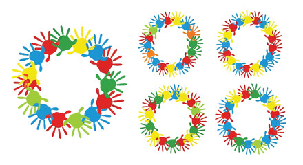 Colorful handprint wreaths in a vibrant arrangement displaying diverse artistic designs