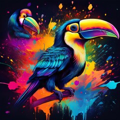 Naklejka premium A vibrant toucan stands out against a splash of rainbow paint, showcasing tropical beauty, creativity, and striking visual energy, vibrancy, artistry, and dynamic contrast.