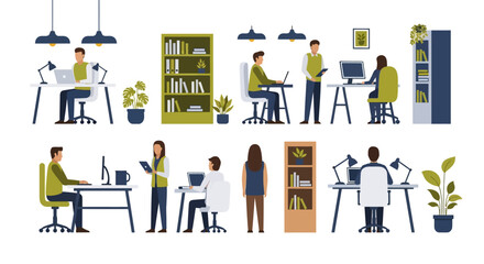 Modern office scenes with professionals engaged in work and communication