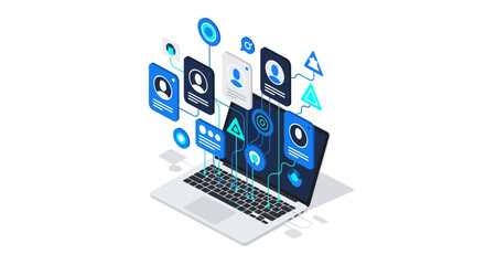 Digital networking icons: minimalist isometric design of interactive technology elements