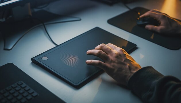 A person's hands using a graphics tablet and mouse on a desk with a laptop, indicating digital creative work.