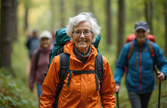 Elderly people hike on a forest path. Seniors with backpacks walk through green trees. Friends enjoy nature and exercise on a sunny day, pursuing healthy outdoor fun.