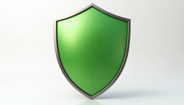 Green shield stands on white background. Chrome border surrounds safe armor. Sign defense, antivirus solution. Represents data protection, safety, confidence. Use graphic element for online security.