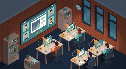 Remote team collaboration in modern office with video conference technology