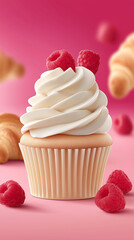 Cupcake topped with fresh raspberries, elegantly displayed against a vibrant pink background, showcasing delightful dessert aesthetics