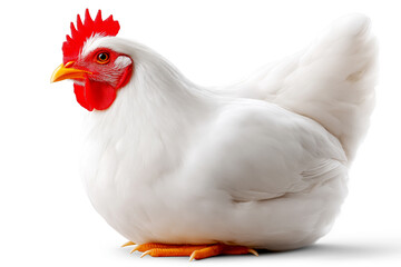 Fototapeta premium White chicken in side view, isolated on a white background, showcasing its feathers and vibrant red comb, perfect for culinary or agricultural themes