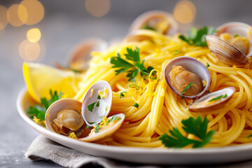 Italian spaghetti vongole garnished with fresh parsley and lemon zest, showcasing vibrant colors and textures in a minimalistic presentation