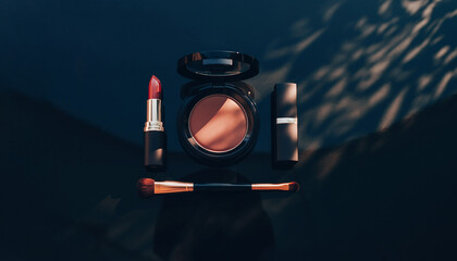 Elegant beauty products arrangement with vibrant lipstick, face powder, and makeup brush create a sophisticated and professional feminine aesthetic