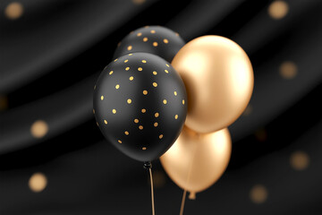 Black and gold balloons with golden confetti on a dark background, creating a festive atmosphere for celebrations and special occasions
