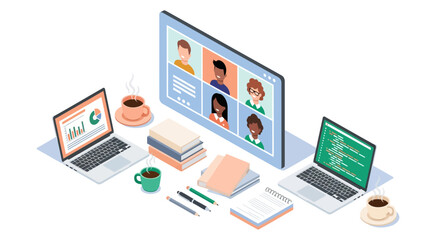 Isometric remote work setup with video conference and coding elements