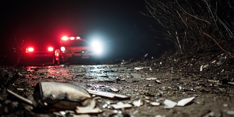 A captivating night scene with police lights flashing and debris scattered on the road