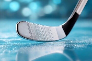 Close up view of a shiny blue skate blade with frozen reflections on ice, highlighting its sleek design and polished surface in a dynamic setting