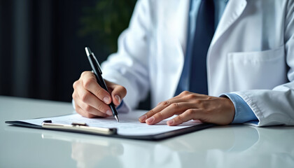 Doctor fills out medical documents. Man in white coat writes with pen on paper. Medic reviews patient card at clinic. Healthcare professional works with documents on table.
