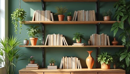 Green wall background with wooden shelves holds many books. Various potted plants, decorative items create cozy, modern home interior. Sunlight from window brightens room decor. Stylish, natural,