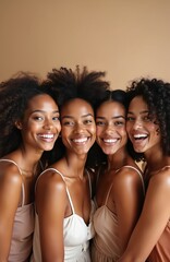 Obraz premium Four smiling Black women friends bond together in studio. They show healthy glowing skin and natural beauty, promoting self care and skincare products. Their diverse looks represent unity.