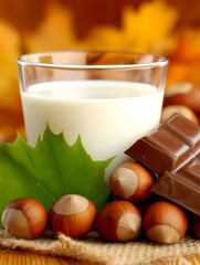 Glass of creamy hazelnut milk surrounded by fresh hazelnuts and rich chocolate shavings, creating a warm autumnal atmosphere with copy space