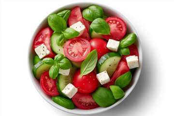 Fresh summer salad featuring vibrant tomatoes, crisp cucumbers, and creamy feta cubes, garnished with basil leaves for a light and healthy meal