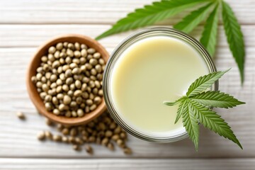 Hemp milk in glass surrounded by hemp seeds and leaves on wooden surface, showcasing natural ingredients and healthy lifestyle choices