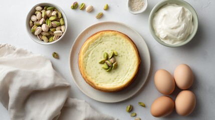 Overhead view of a baked cheesecake topped with crushed pistachios, surrounded by its ingredients: cottage cheese, eggs, and butter cubes.