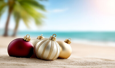 Red and gold Christmas baubles resting in white sand, surrounded by palm trees, creating a festive tropical holiday atmosphere