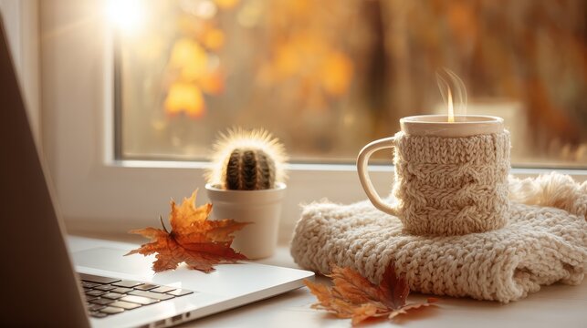 A cozy autumn scene featuring a steaming mug on a knitted blanket, surrounded by colorful leaves, a cactus, and a laptop near a sunlit window. - Powered by Adobe