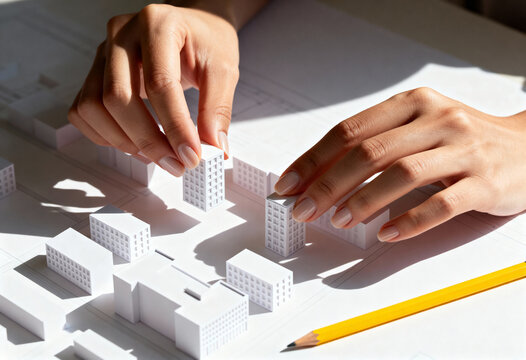 Architect's hands arranging a white architectural model on a blueprint. Close-up of a real estate development project. Urban planning and construction concept