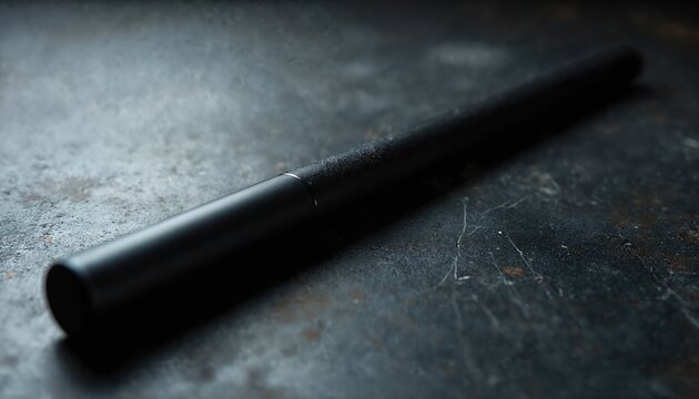 Black tactical baton lies diagonally on a dark textured surface. Cylindrical object with rough grip and smooth metal end. It represents security, self defense, law enforcement, or training equipment.