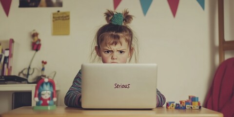 A joyful child uses a laptop in a colorful, playful environment designed for creativity