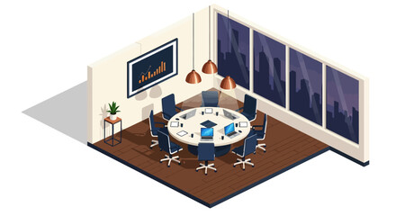 Modern isometric office conference room with round table and city view