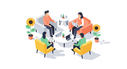 Isometric office meeting with diverse team working on laptops