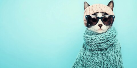 A Stylish and Adorable Cat Dressed Up in Trendy Sunglasses and Cozy Knitwear Sitting Playfully