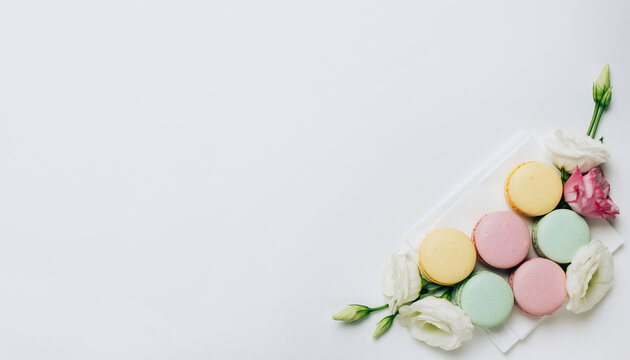 Delicate pastel macarons arranged with fresh white flowers, perfect for bakery promotions, confectionery designs, or celebrating sweet moments