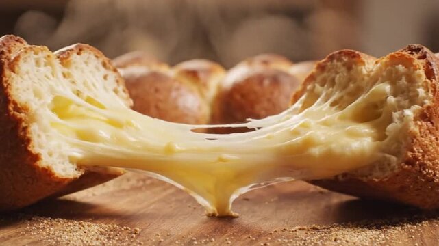 Hot Brazilian Cheese Bread (P&atilde;o de Queijo) Broken Open with Melted Cheese Oozing