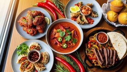 Fototapeta premium A vibrant spread of delicious spicy Asian fusion dishes on a wooden table.