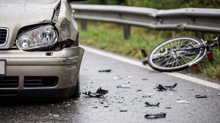 Damaged vehicle with crumpled front end on roadside, shattered glass scattered around, and a bicycle lying nearby, illustrating the aftermath of a traffic accident