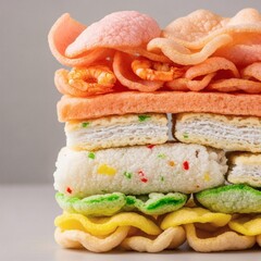 A visually appealing stack of colorful prawn crackers and snacks.
