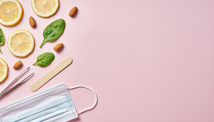 Wellness Flat Lay Featuring Fresh Ingredients with Medical Mask, Perfect for Health and Beauty Concepts, Showcasing Natural Lifestyle Elements