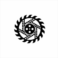 Movie logo design with film reel and negative elements and saw blade.
