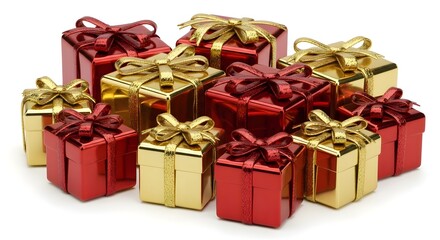 Obraz premium Red and gold christmas presents holiday gifts shiny boxes