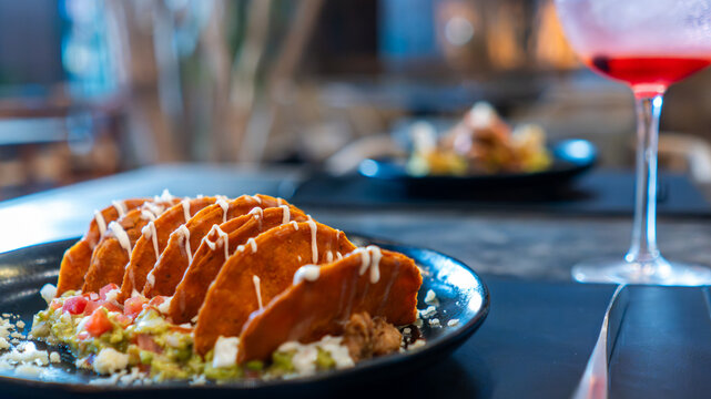 Enchiladas potosinas servidas con guacamole y crema en restaurante mexicano